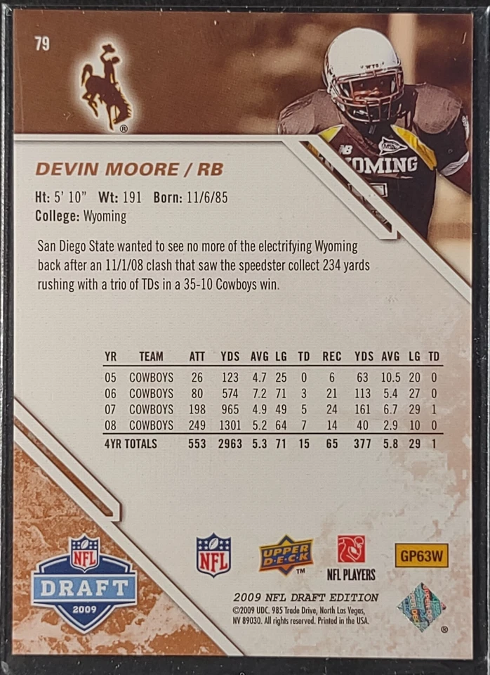 2009 Upper Deck Draft Edition DEVIN MOORE #79 Rookie Wyoming Cowboys, Colts /125 - Image 2 of 2