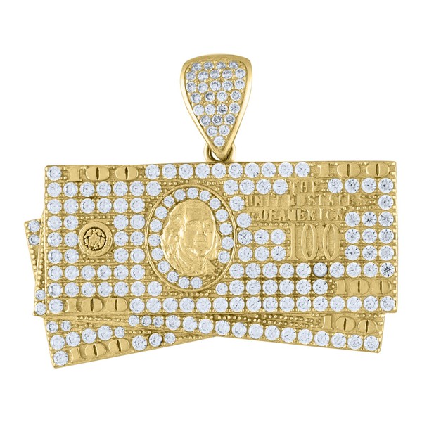 "10K Gelbgold Cz Herren Vereist Charm Stacked Benjamin Dollar Bills \" AnhäNger"-image