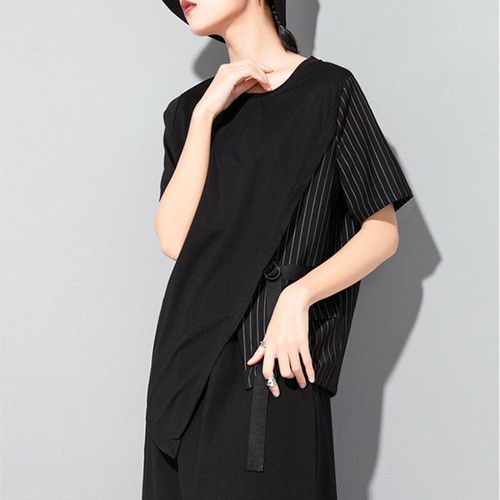 Women's Casual Irregular Stripe Short Sleeve T-Shirt button blouse shirt Japanes - Picture 2 of 12