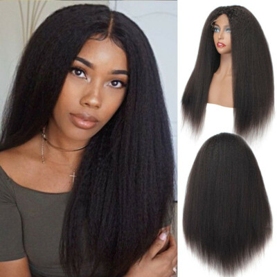 Glueless Yaki Straight Curly Yaki Jet Black Synthetic Lace Front Wigs For Women