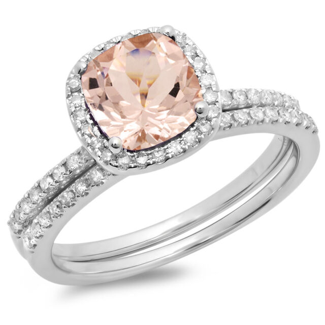 1.75 CT 14K White Gold Morganite & White Diamond Bridal Halo Engagement Ring Set 1.75 CT 14K White Gold Morganite & White Diamond Bridal Halo Engagement Ring Set