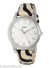 NEW TIMEX BEIGE,BLACK ZEBRA PATTERN LEATHER BAND,SILVER WATCH-T2P117
