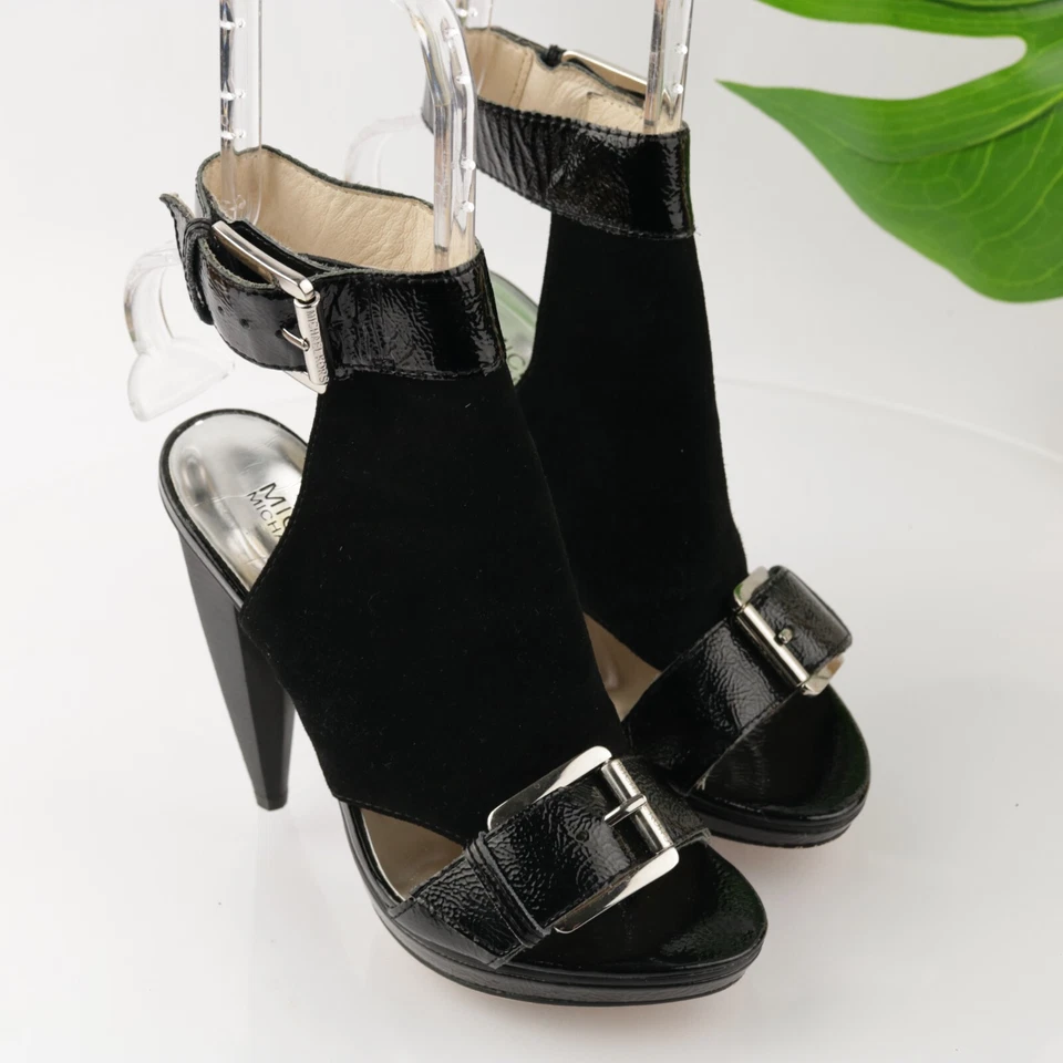 Michael Kors Women's Carson Sandal Size 7 Cone Heel Black Suede Bootie Open Toe - Image 2 of 4