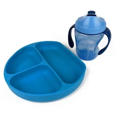 Sippy Cup Portion Plate Kids Dish Set Silicone Suction Plate Toddler Drink Blue