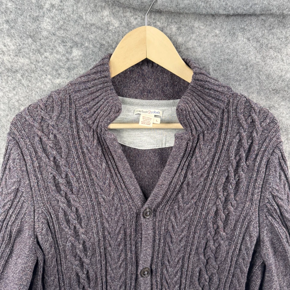 Cárdigan Suéter Carbon2Cobalto Para Hombres L Púrpura Cable Tejido Botón Abuelo Grueso Foto 4 de 4