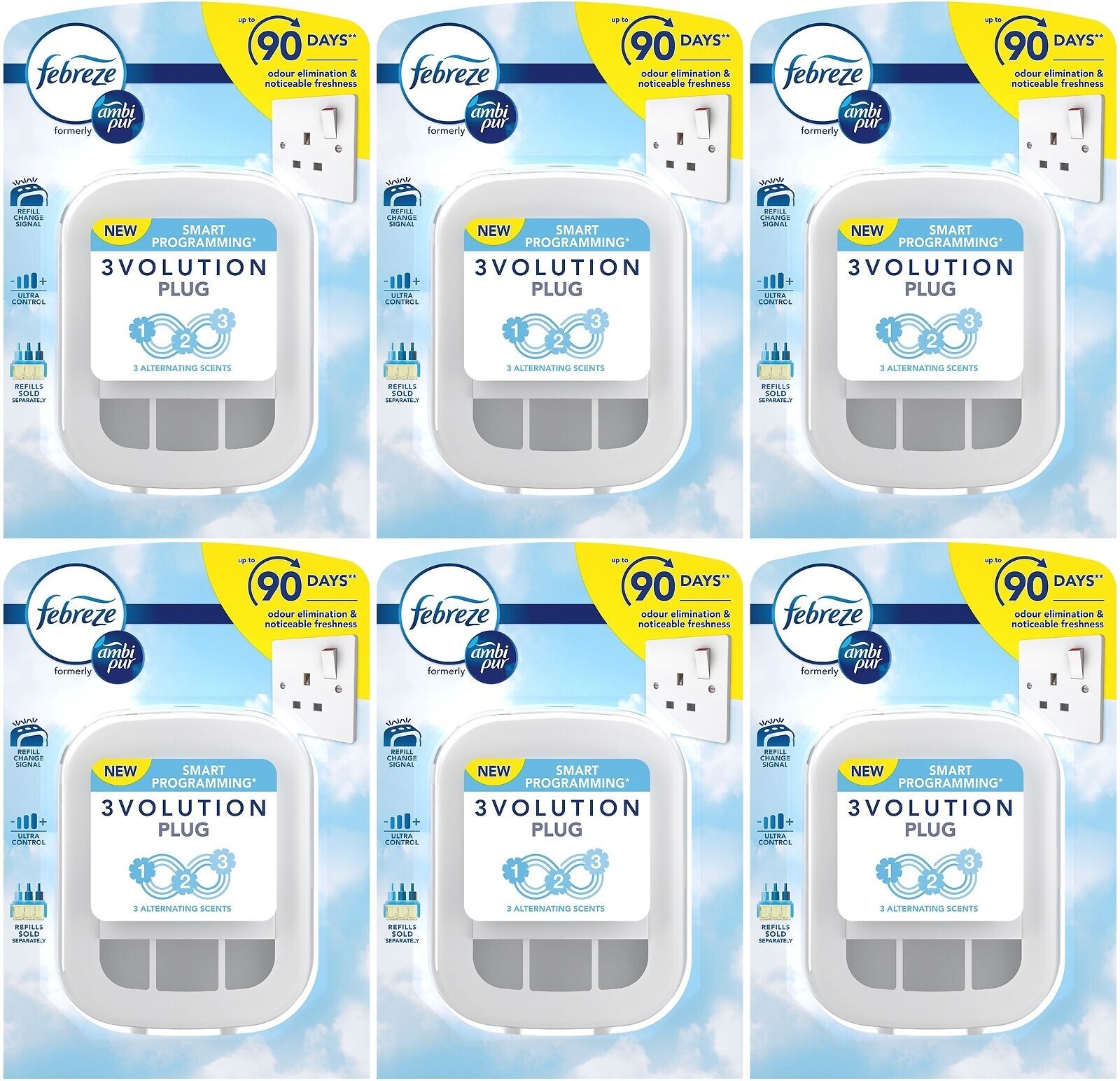 6 x Febreze Ambi Pur 3Volution Air Freshener Mains Plug-In Refill Odour Diffuser