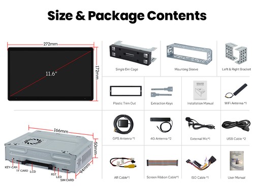 8G RAM+128G ROM 11.6" Touch Screen Head Unit Android 13 Stereo 4G LTE/5GHz WiFi - Foto 16 di 16