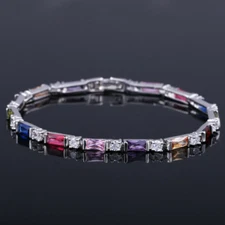 Fashion Brand Silver Plated CZ Baguette Round Charm Tennis Bracelet for Women
