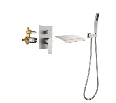 WellFor Waterfall Wall Mount Roman Tub Faucet Hand Shower Brushed Nickel
