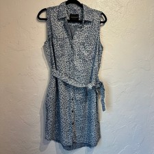 Velvet Heart Blue White Animal Print Shirt dress pockets belted Coastal Cottage