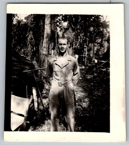 Vtg B&W Snapshot Man WW2 Engineer Captain Military Uniform Mustache 1943