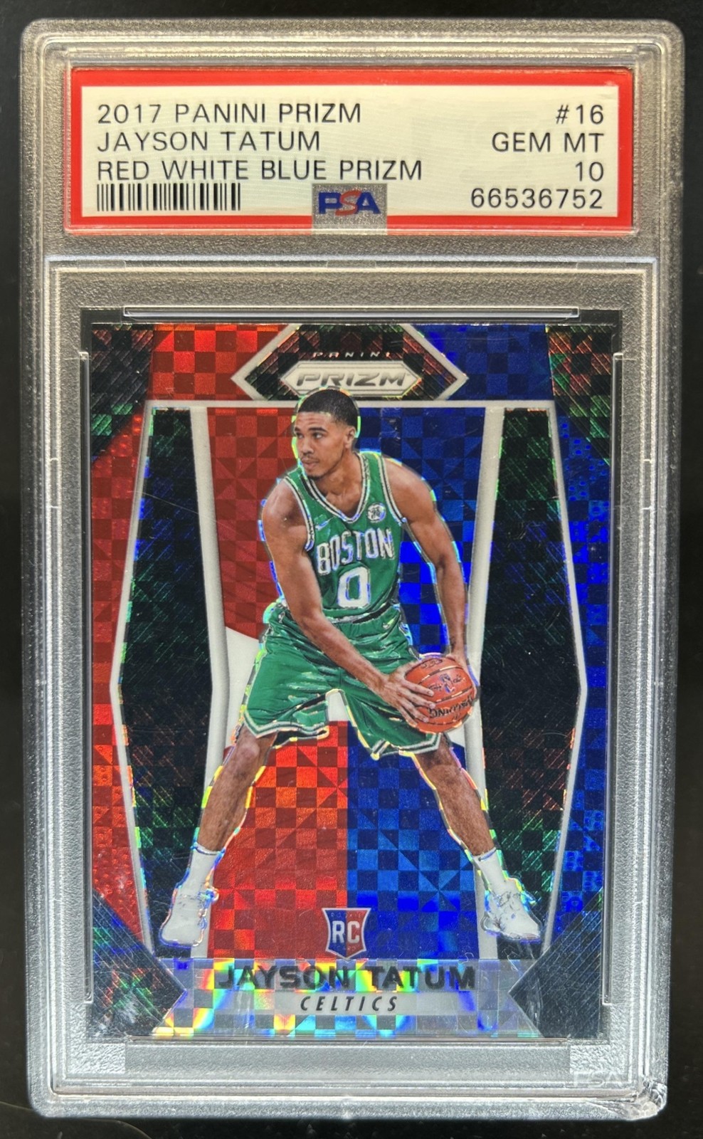 2017-18 Panini Prizm Jayson Tatum RC Prizm Red White and Blue Rookie #16 PSA 10