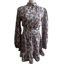 Pretty Little Thing Floral Ruffle Hem Long Sleeve Cottagecore Mini Dress Size 4