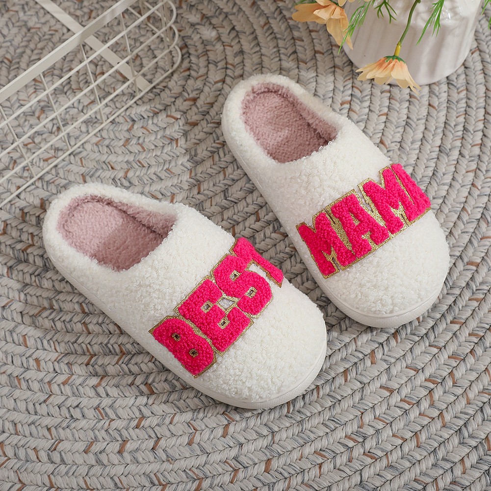 PANTOFOLA D’ORO Pantofole in cotone con ricamo lettere bordo oro soffici scarpe da camera da letto (bianco 36 37)