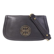 Tory Burch GHW Amanda Logo Clutch Shoulder Bag Calfskin Leather Black