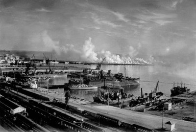 Smoke screen is effected to protect Allied shipping in Algiers Harbour Old Photo
