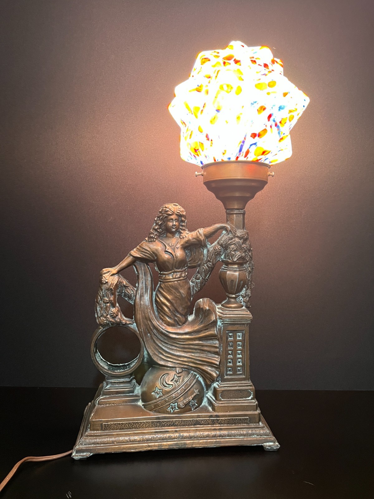 Vintage Art Nouveau Spelter Lady Lamp with Murano Starburst Shade