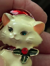 White Christmas Cat Blue eyes Brooch   Box included