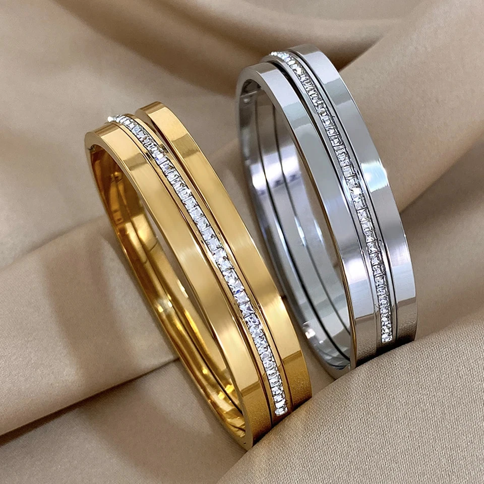 3 Pc Gold Tone Crystal Cuff Bracelets Women Textured Stackable Stainless Jewelry - Image 3 of 4