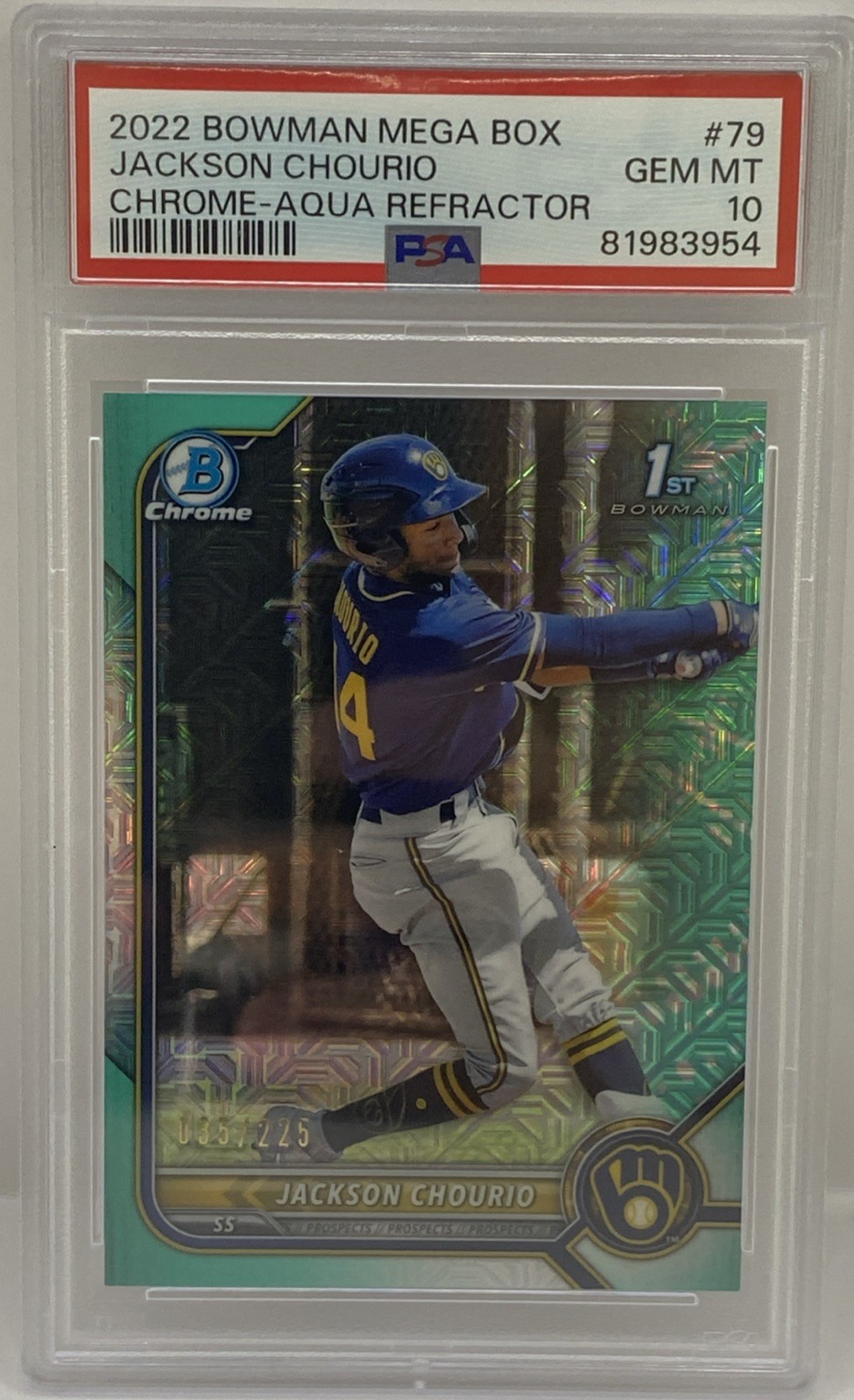 Jackson Chourio 2022 Bowman Chrome Mega Box 1st Aqua #/225 PSA 10 GEM ROOKIE SP