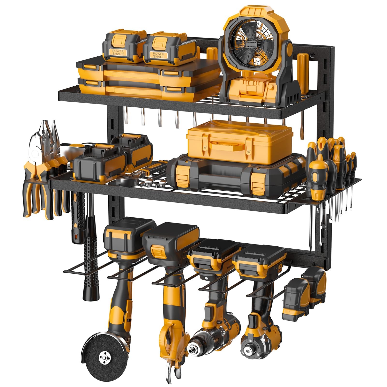 3-Layer Wall Mount Power Tool Organizer with 4 Drill Holders