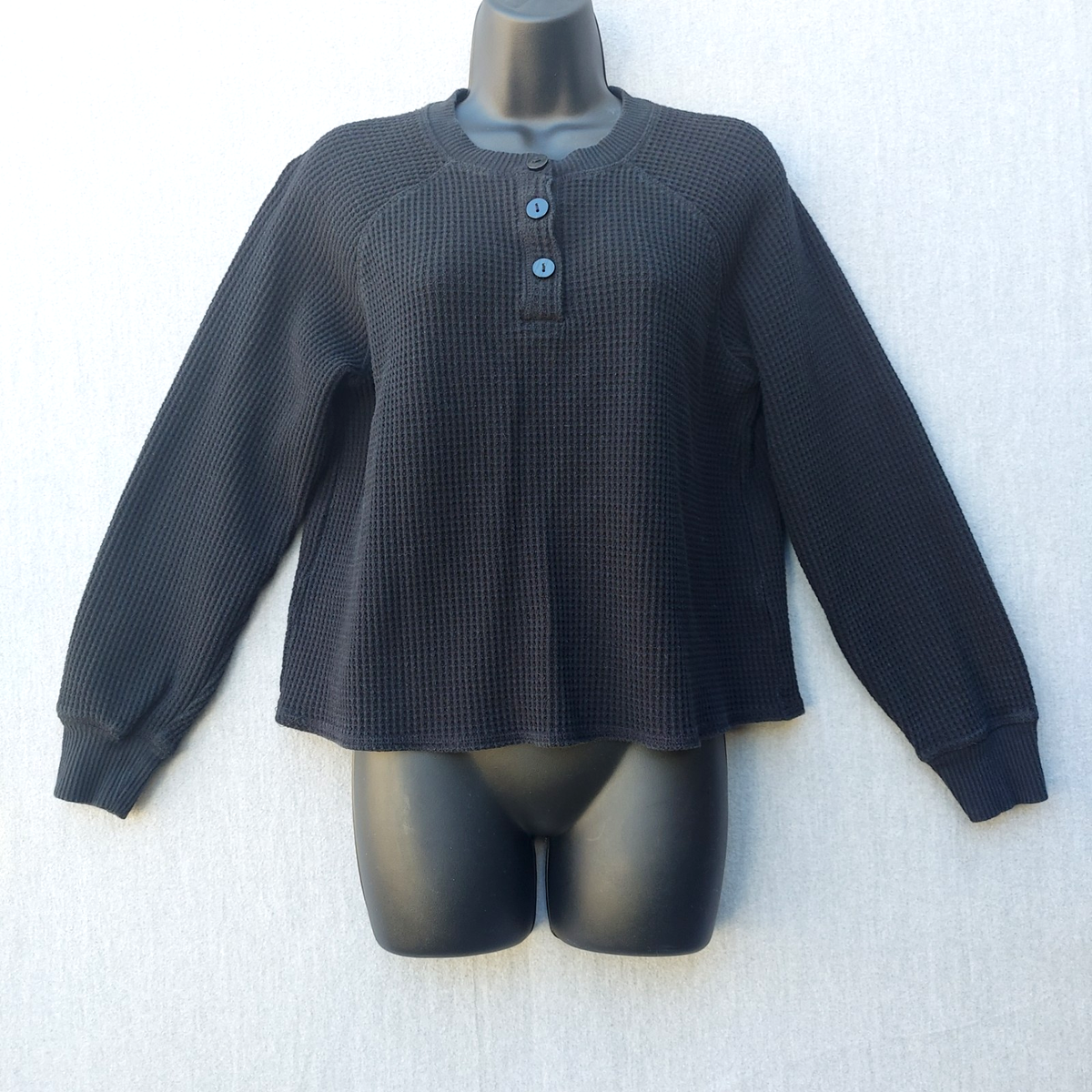 Old Navy Thermal Waffle Knit Henley Women S Black Button Long 