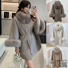 Women Real Fox Fur Collar Coat Belted Wool Ponchos Jacket Warm Cloak Cape