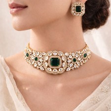 Emerald Green Kundan Choker Set Gold Plated Bridal Wedding Necklace & Earrings