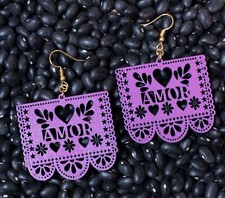 Amor Purple Papel Picado Mexican Party Banner Earrings Wood Handmade Love Token