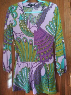 Tata Jolie Lavender Purple Green Tunic Top Cover Up Tie waist XS