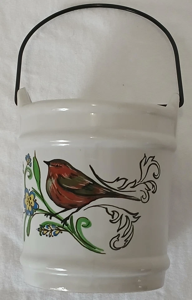 Mini suporte de vela balde de cerâmica + cabo de metal pássaro vermelho flores primavera casa de campo - Imagem 4 de 4