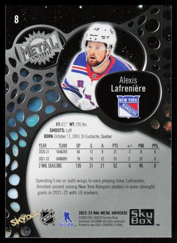 2022-23 SkyBox Metal Universe Alexis Lafreniere #8 HOCKEY New York Rangers - Picture 2 of 2