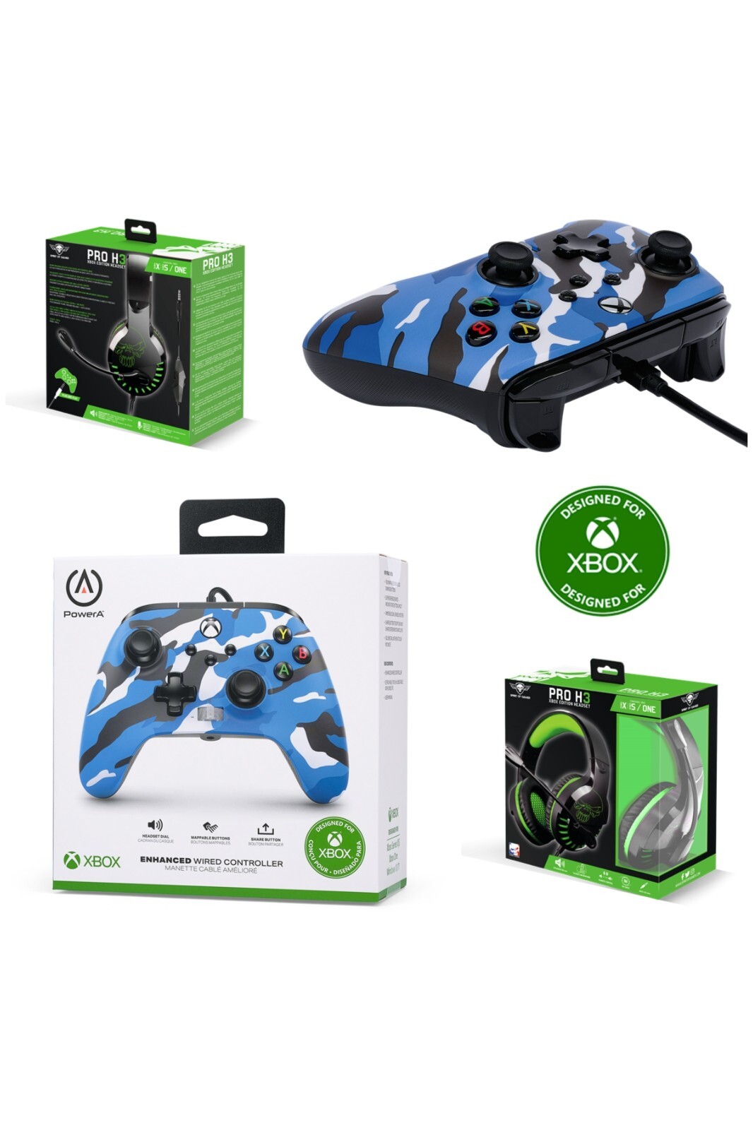 Manette Xbox PC camouflage bleu pour éliminer la latence avec casque Spirit
