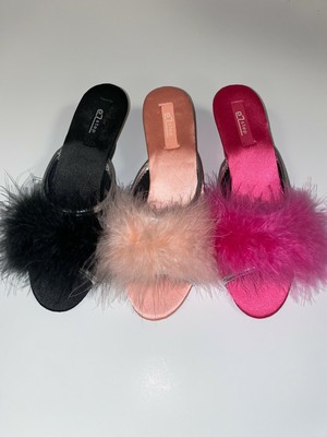 #69 EZSTEP wedges Women marabou slipper ostrich feather BLACK GOLD LEOPARD