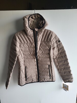 MICHAEL KORS Ultra Light Down Women's Hooded Quilted Puffer Jacket S Taupe NWT 