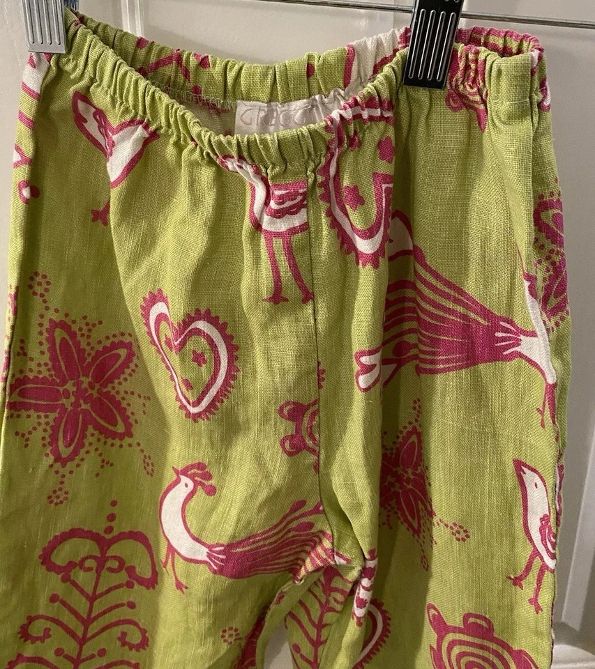 Greggy Girl Girl's Size 5 LINEN Green Pink Pants Elastic Waistband Heart Bird - Image 2 of 4