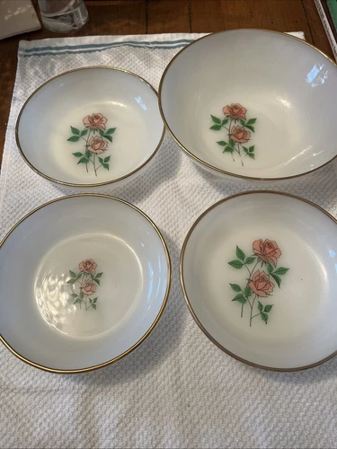 Set Anniversary Rose Fire King Vintage Vegetable Bowl And 3 Soup Salad Bowls