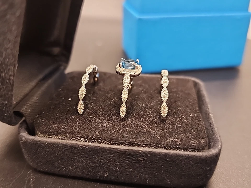 London Blue Topaz Cushion Rhodium/925 Halo Ring & 2 Accented Bands Set 1.70ctw - Image 4 of 4