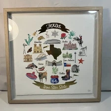 Texas Lone Star State Colored Art Sketch Picture Framed Glass 16" x 16" Dyson