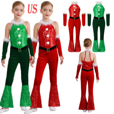 Girls Christmas Dance Costume Kids Disco Jazz Dance Leotard Jumpsuit Outfit