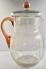 Tiffin Lidded Craquelle Crackle Glass Lemonade Pitcher W/ Amber Handle & Finial
