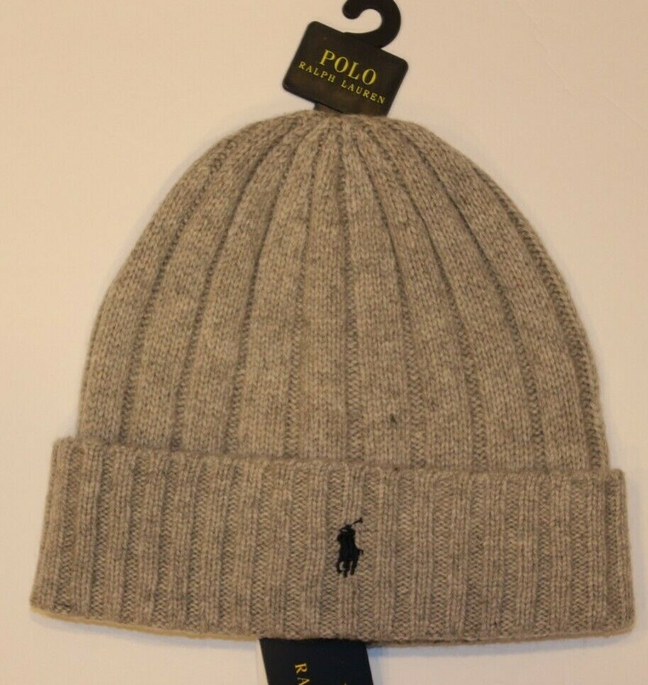 Cappello berretto Polo Ralph Lauren uomo blu pony logo lana polsino a costine grigio nuovo con etichette