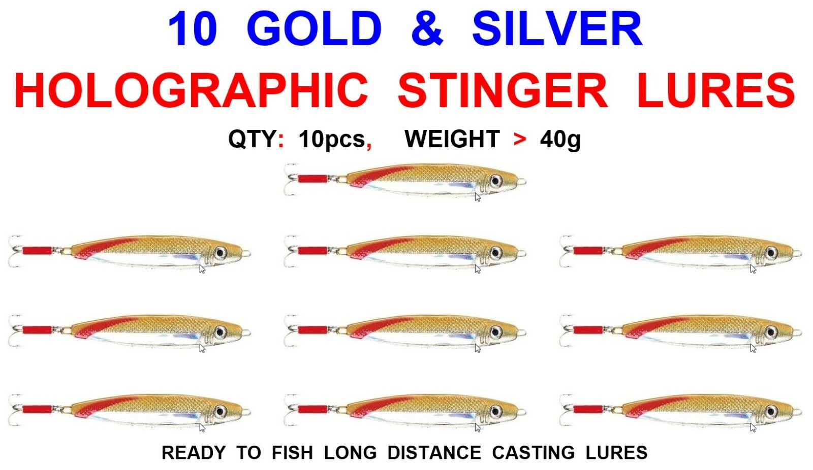 10 GOLD STINGER LURES 40g GAME COARSE SEA FISHING TACKLE PIKE BASS MACKEREL COD