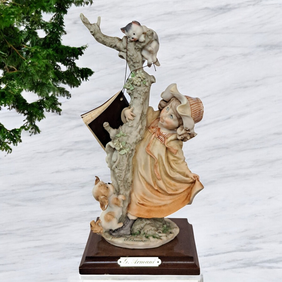 Giuseppe Armani Girl with Dog Chasing Cat up Tree Figurine Italy