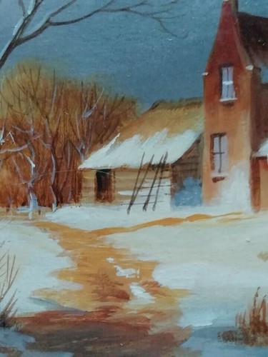 ORIGINAL OIL ON BOARD - WINTER SCENE - SKATERS IN FRONT OF A MILL HOUSE - 12X10 - Foto 5 di 10