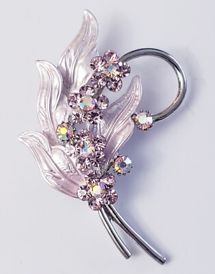 Pretty Pink Flower Floral AB & Rhinestone Silvertone Silver Tone Brooch Pin NICE