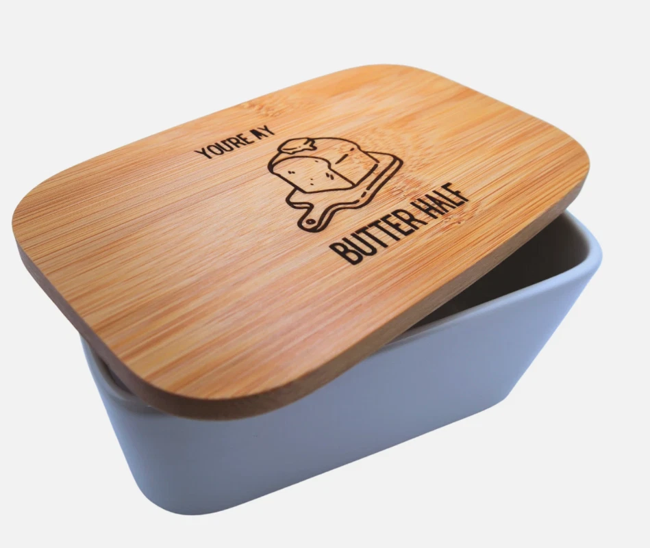 Youre My Butter Half White Ceramic Butter Dish with Wooden Lid