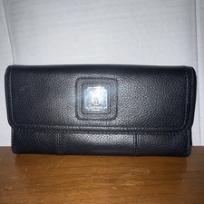 Tignanello Black Leather Trifold Wallet Clutch silver Logo silk Lining