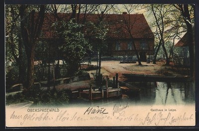 Leipe /Spreewald, Gasthaus Buchan, vom Ufer gesehen, Ansichtskarte 1905 