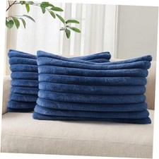 Faux Fur Plush Lumbar Throw Pillow Covers 20" x 12" Pack of 2 Navy Blue